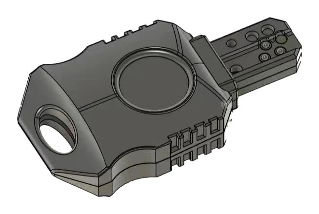 FPB-02 intelligent key, CAD rendering: black ABS housing with round fingerprint sensor and key head