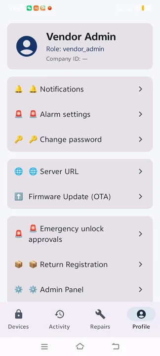 Smart lock app profile menu: notifications, alarm settings, firmware update, emergency unlock approvals, admin panel