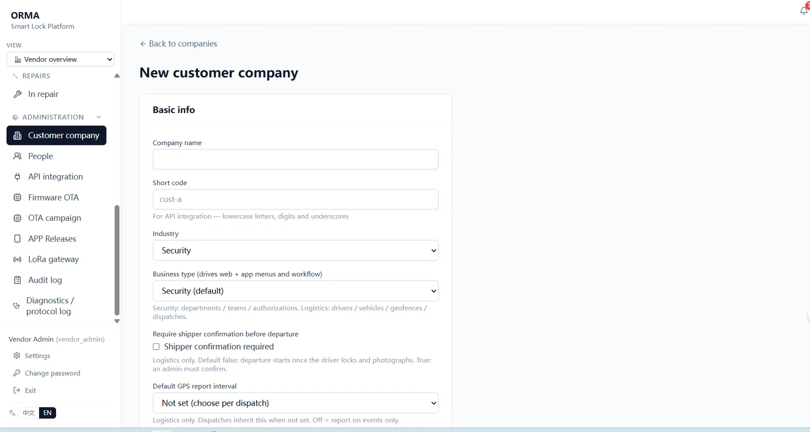 Smart lock platform new customer company: industry, business type, GPS report interval; admin menu with API integration, OTA, LoRa gateway, audit log