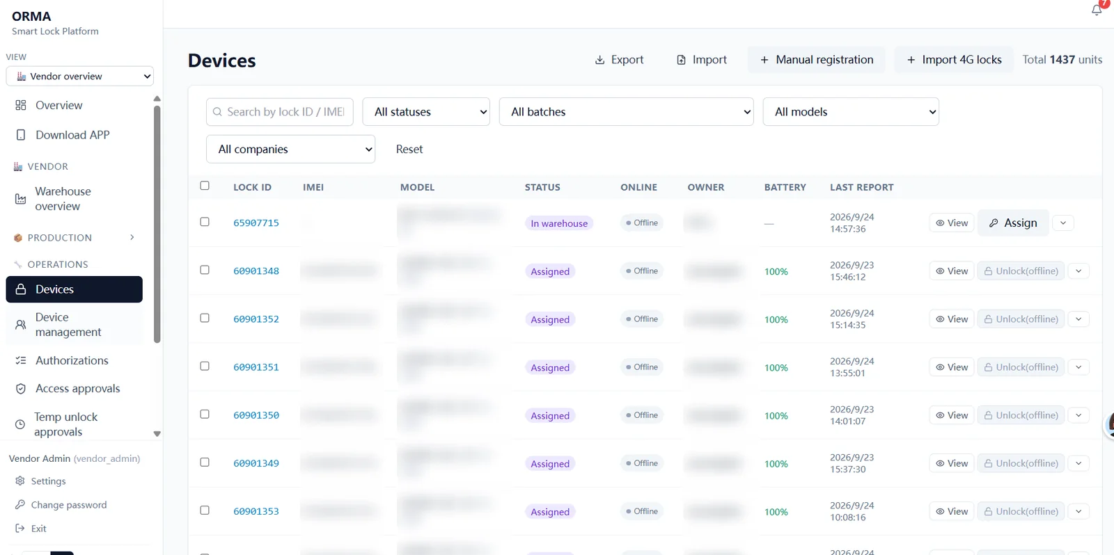 Smart lock platform device list: lock ID, status, online, battery, last report, unlock and assign